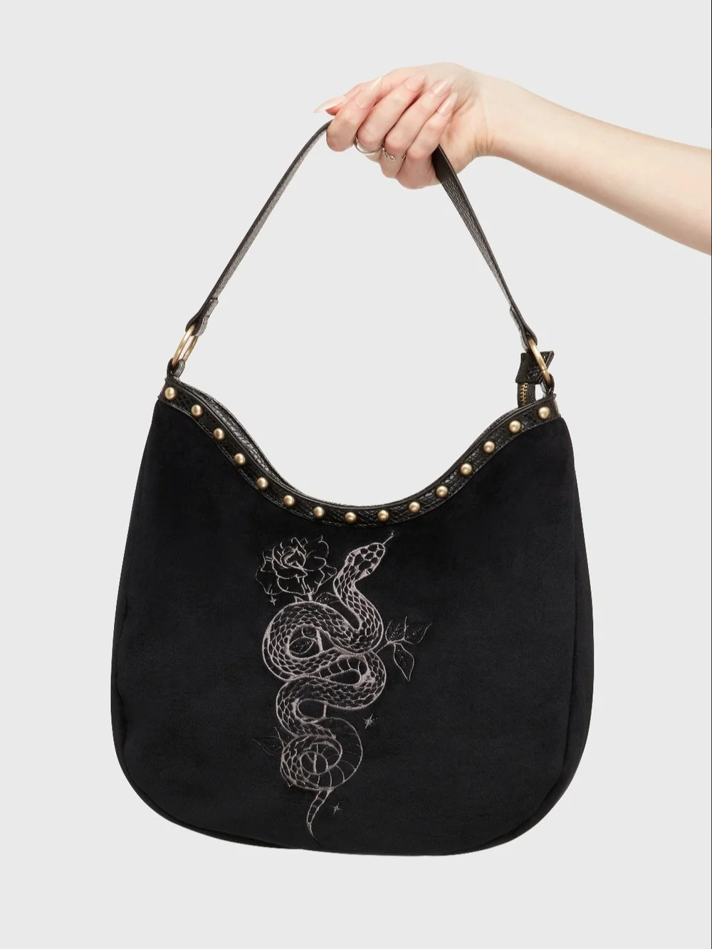 Black Stud-Trim Hobo Bag with Snake Embroidery